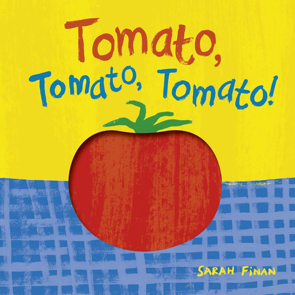 Baby reading "Tomato, Tomato, Tomato!" board book by Hachette Book Group, featuring colorful pages with tomatoes.