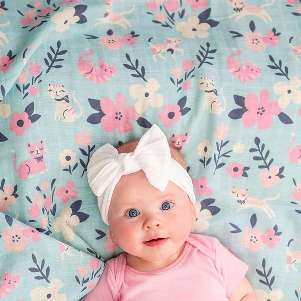 Cotton Muslin Baby Blanket - Floral Cat - Freshie & Zero Studio Shop