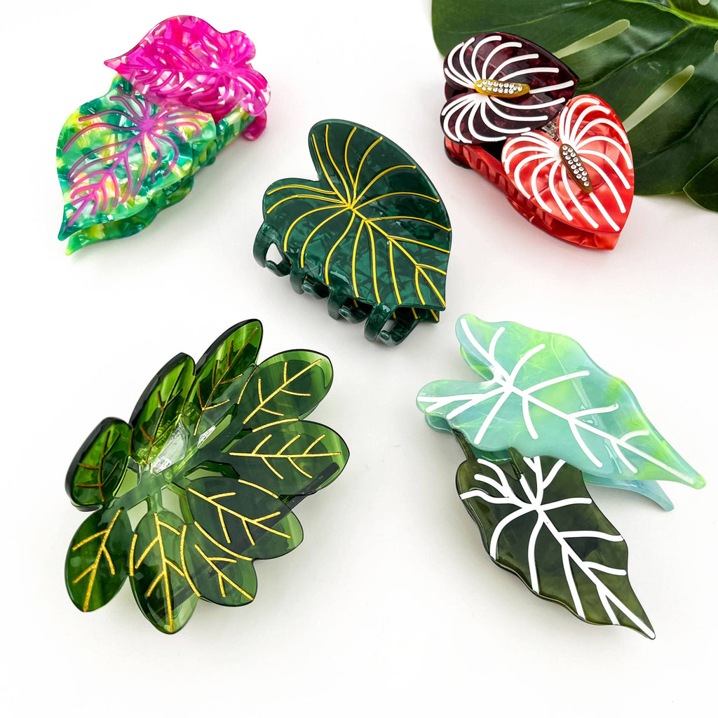 Acetate Leaf Hair Claw Clip, Monstera Leaf Hair Clip: Pink Green - Freshie & Zero Studio Shop