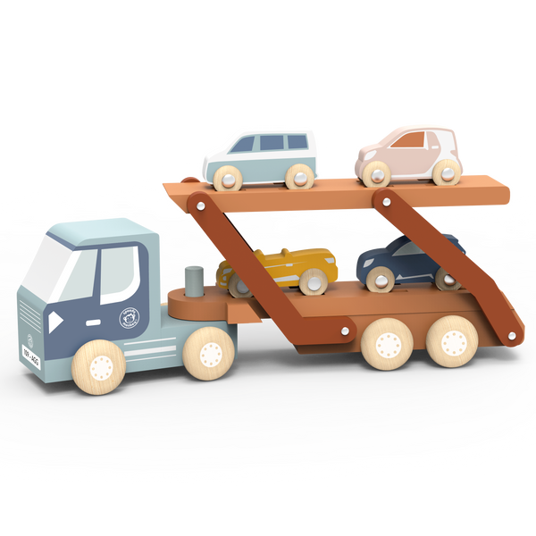 Wooden toy car carrier truck by Speedy Monkey featuring colorful wooden cars on a sturdy wooden truck for imaginative play.