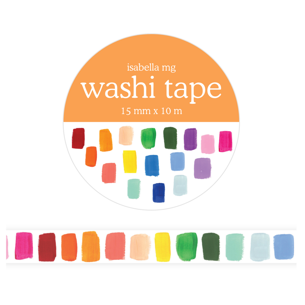 A roll of Isabella Mg Washi Tape shown on a white background, featuring a circular label with the brand name and a row of colorful tape swatches below.