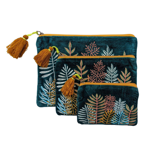 Velvet Leaf Garden Teal Embroidered Cotton Pouch - Freshie & Zero Studio Shop