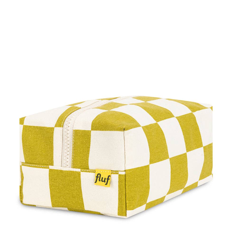 Traveller Toiletry Bag by Fluf in Checker Pear Green, a durable zippered bag for organizing toiletries and travel essentials.