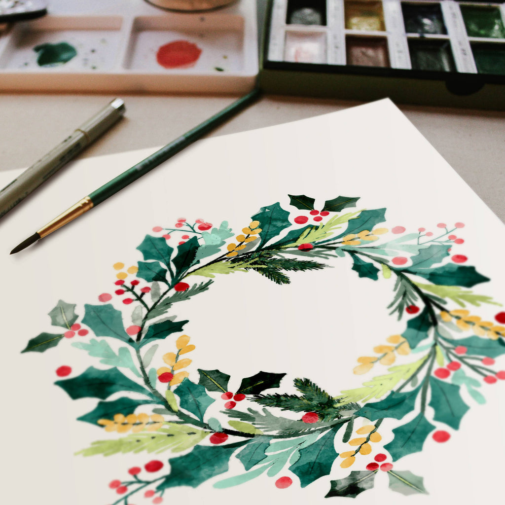 Holly Wreath Watercolor Painting Kit - Freshie & Zero Studio Shop