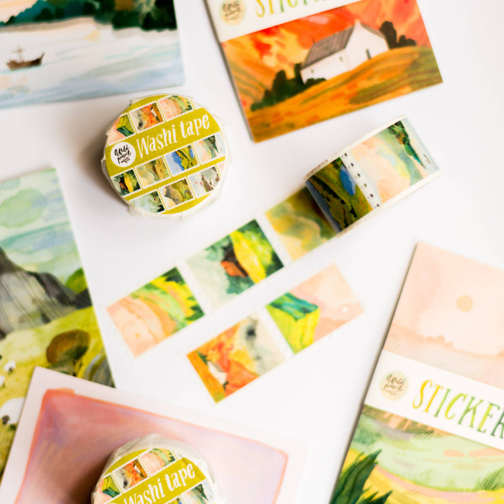 Washi Tape by Wild Pencil Studio featuring scenic landscape designs in soft pastel colors on a roll.
