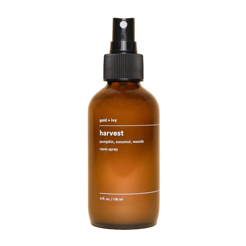 Gold + Ivy Harvest Room and Linen Spray bottle with elegant label, part of the home fragrances collection.