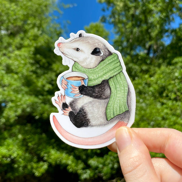 Cozy Opossum with Mug Vinyl Sticker - Freshie & Zero Studio Shop