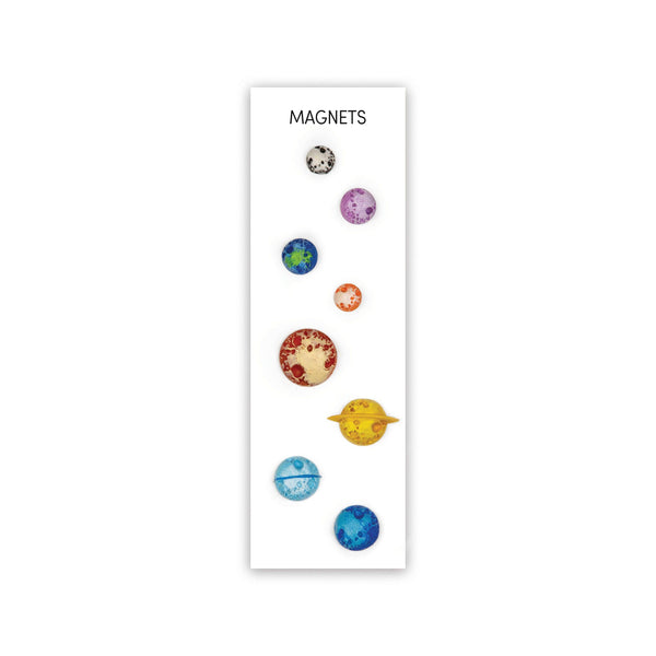Set of eight Planet Mighties® magnets by Three by Three Seattle, colorful home accessories for displaying notes or photos.