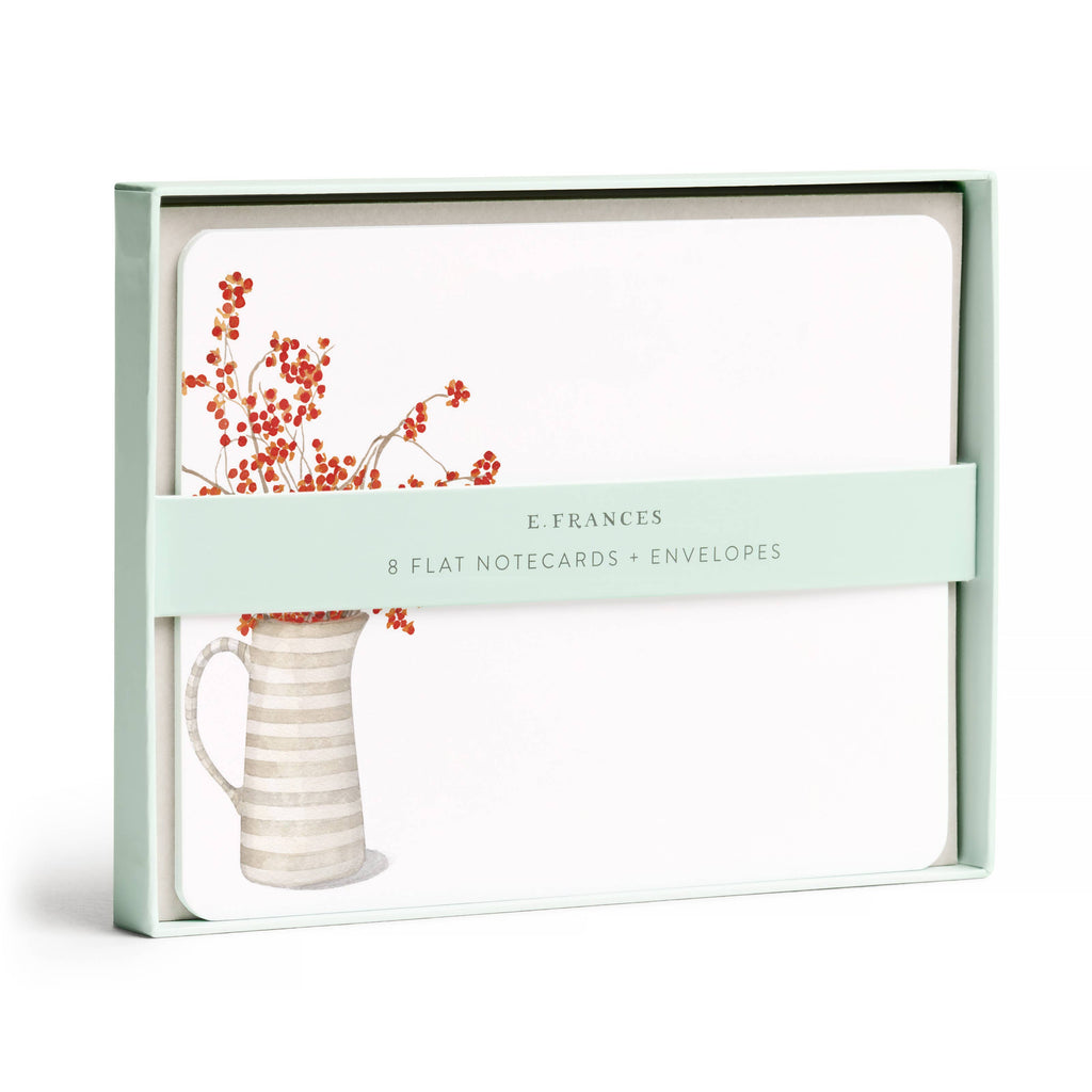 Set of 8 Autumn Berry Pitcher flat notecards by E. Frances Paper, featuring floral and fruit designs for greeting and note use.