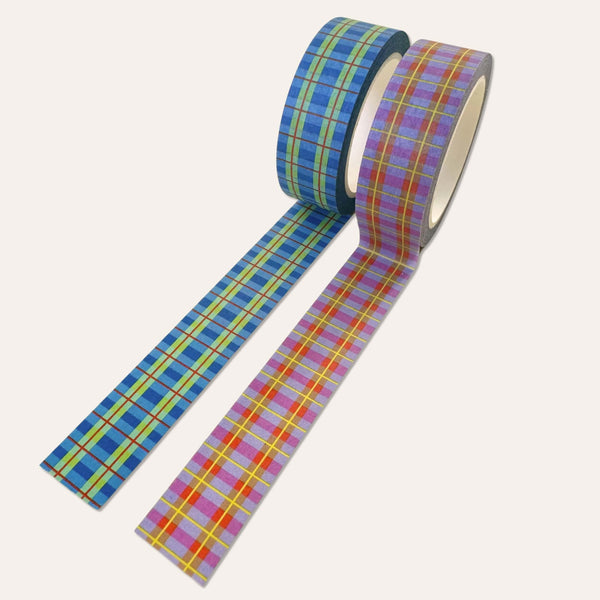 Blue and lavender plaid washi tape set of 2 by Rainbow Vision LLC, decorative adhesive tapes with colorful plaid patterns.