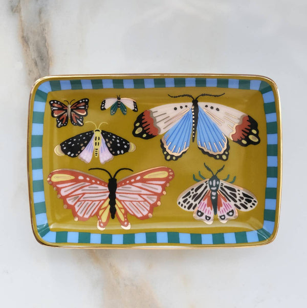 Idlewild Butterflies porcelain trinket tray with colorful butterfly designs on a smooth white surface.