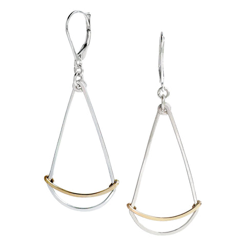 Long golden fan earrings from Freshie & Zero featuring intricate, elegant fan-shaped design hanging from hooks.