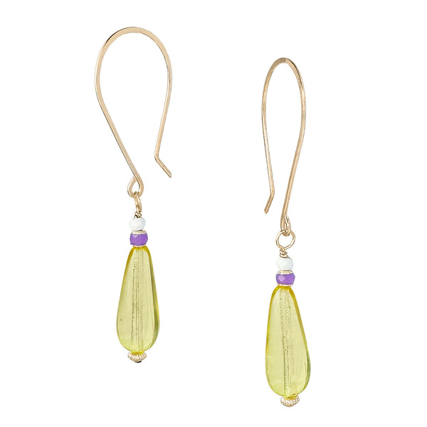Butter yellow glass teardrop earrings from Freshie & Zero Medina Drop Earrings collection, featuring elegant, translucent jewelry design.