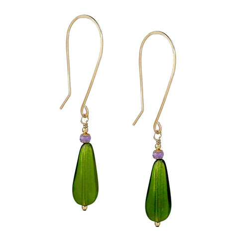 Green Medina Drop Earrings by Freshie & Zero featuring teardrop-shaped dangle earrings in vibrant green.