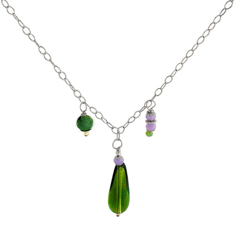 Dill green Oasis teardrop necklace by Freshie & Zero featuring a delicate chain and vibrant green pendant.
