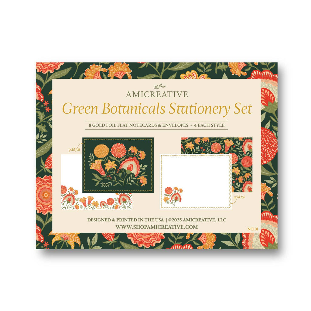 Green Botanical Luxury Stationery Set – 8 Flat Notecards - Freshie & Zero Studio Shop