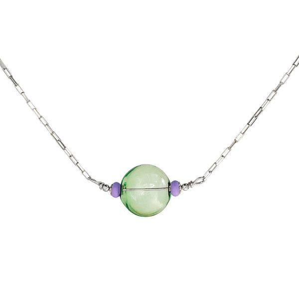 Green Orb Artisan Glass Necklace by Freshie & Zero featuring a smooth, rounded glass orb pendant on a delicate chain.