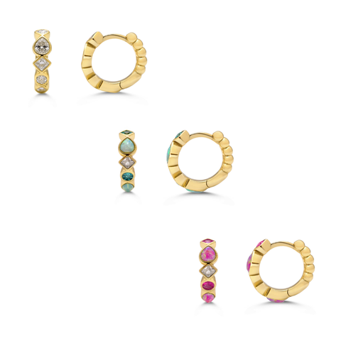 Gold You're a Gem huggie hoop earrings by Stia Couture, featuring small, stylish hoop earrings with gemstone accents.