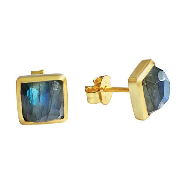 Square Gold Stone Stud Earrings: Labradorite - Freshie & Zero Studio Shop