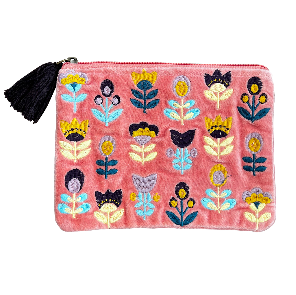 Tulips on Pink Velvet Embroidered Cotton Pouch - Freshie & Zero Studio Shop