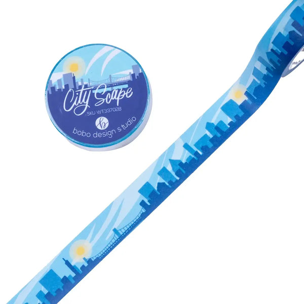 Blue City Scape Washi Tape by Bobo Design Studio featuring a vibrant urban skyline design on decorative adhesive tape.