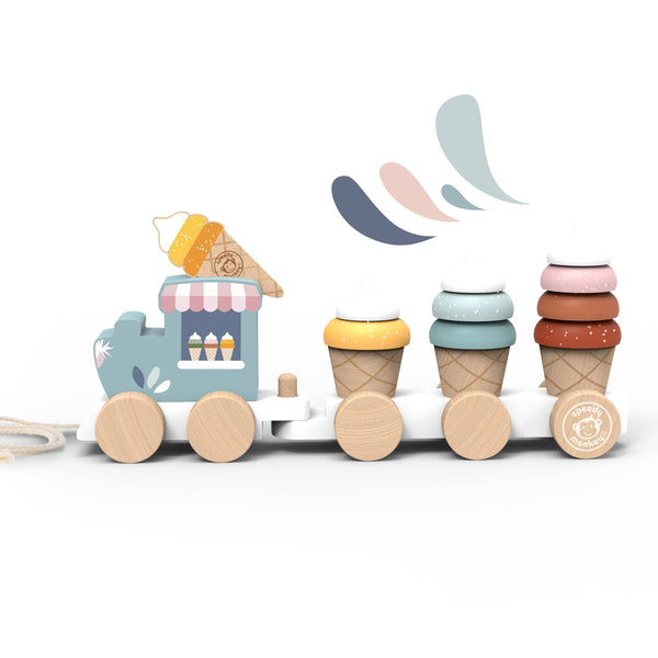 Wooden Ice Cream Train toy by Speedy Monkey featuring colorful ice cream cone and train car design, ideal for children's play.