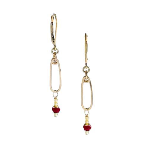 Gold Argan Drop Earrings by Freshie & Zero featuring cherry red and butter yellow colors, styled with elegant drop design.
