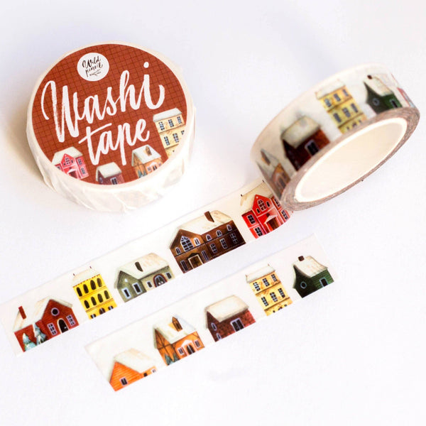 Winter Town illustrated washi tape by Wild Pencil Studio featuring snowy village scenes and seasonal holiday designs.