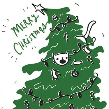 Cat In A Tree Merry Christmas Card - Freshie & Zero Studio Shop