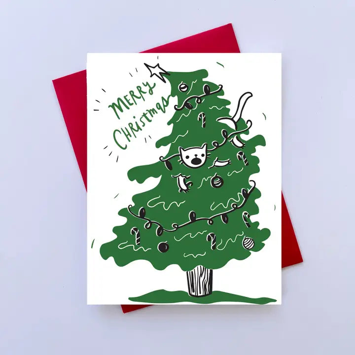 Cat In A Tree Merry Christmas Card - Freshie & Zero Studio Shop