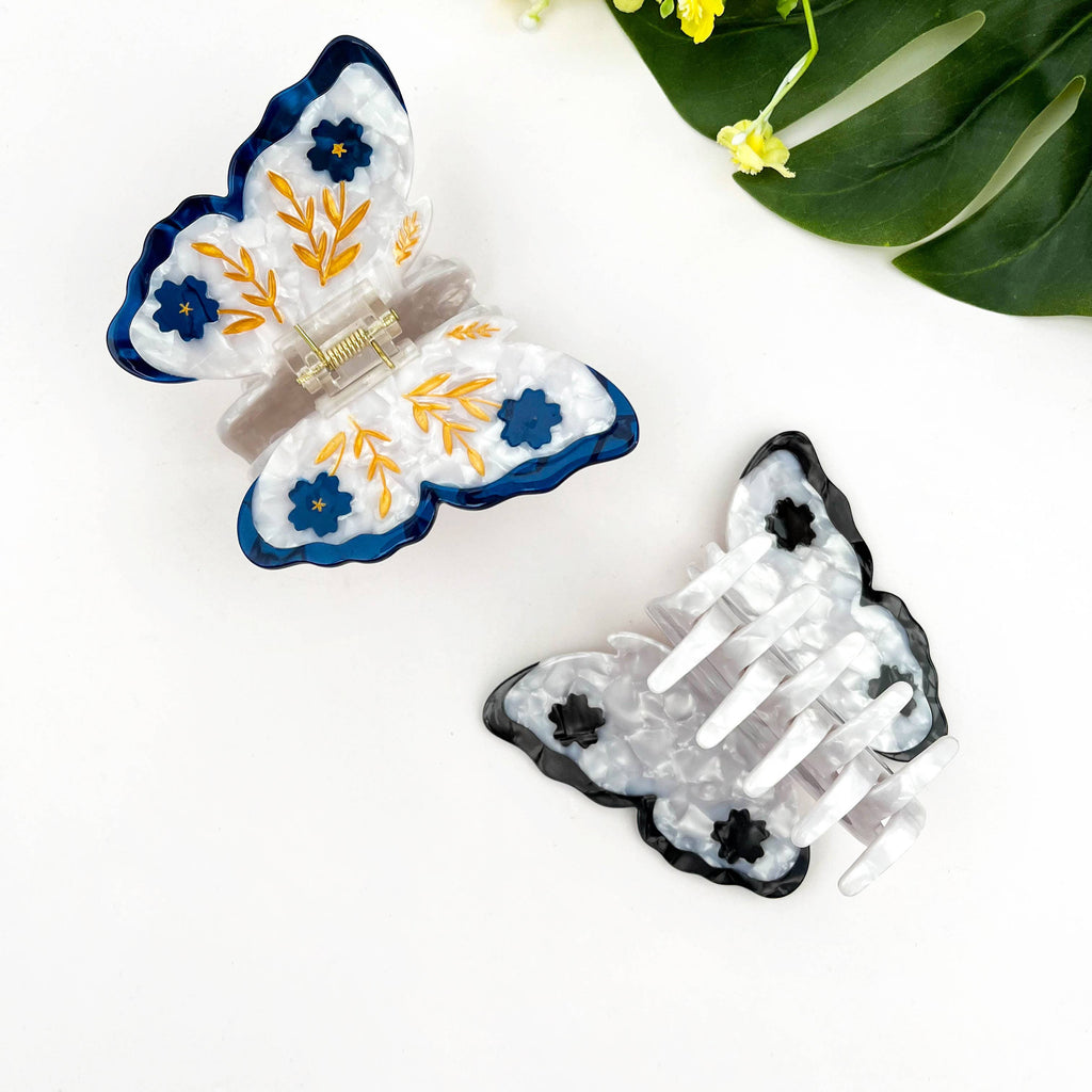 Acetate Butterfly Hair Claw, Floral Design: Blue - Freshie & Zero Studio Shop
