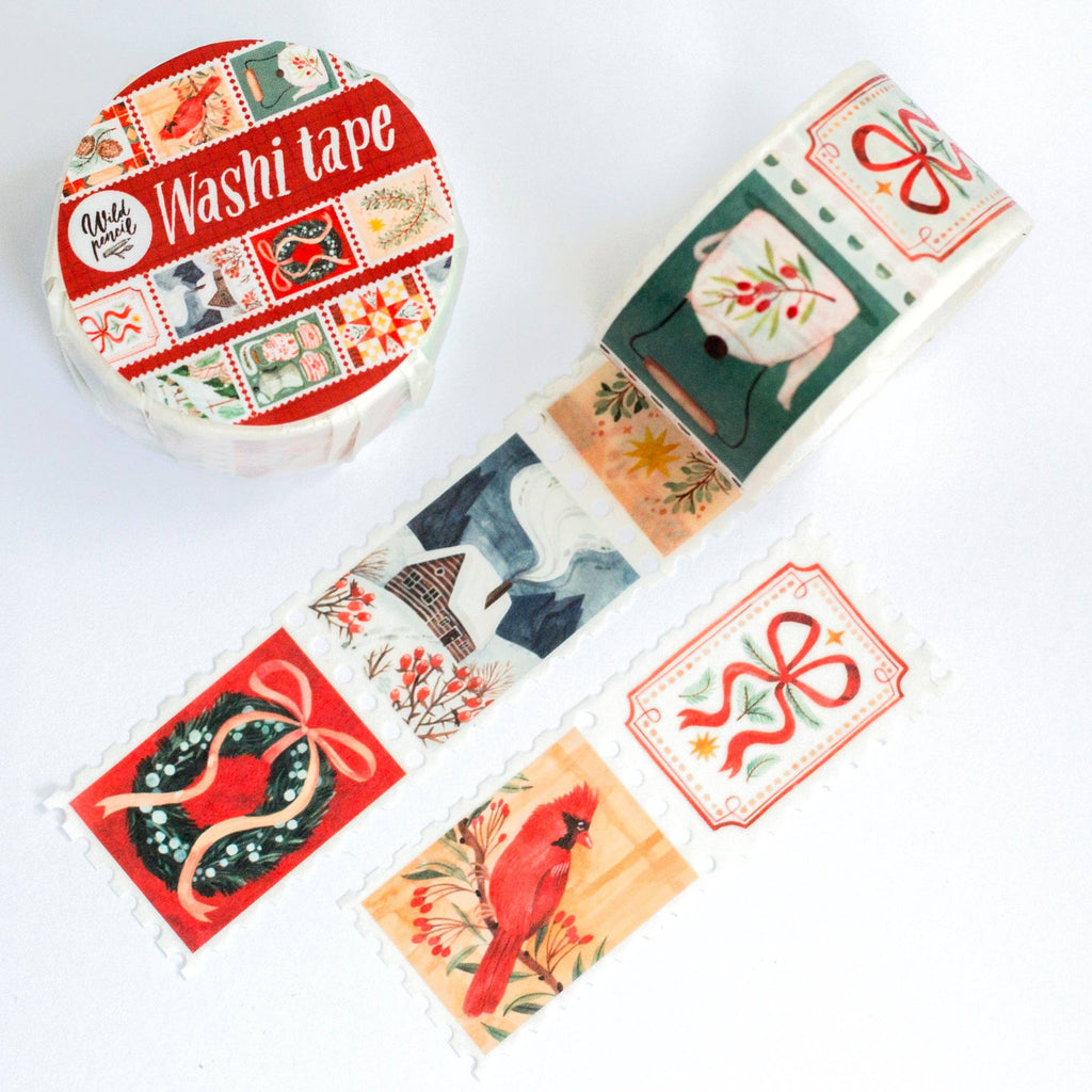 Decorative Washi Tape featuring Christmas stamp patterns by Wild Pencil Studio, perfect for holiday crafts and gift wrapping.