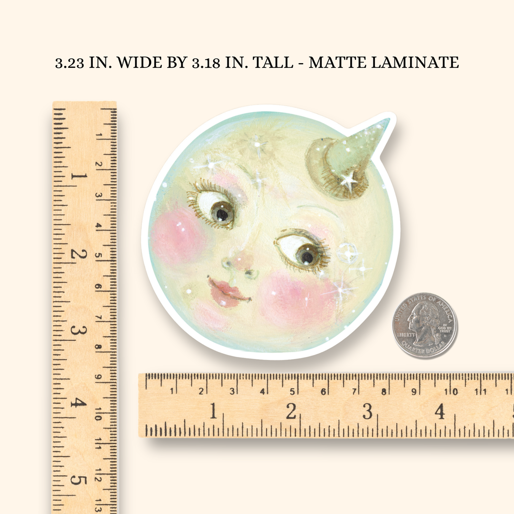 Lady in the Moon die cut vinyl sticker by Jahna Vashti, featuring a celestial moon design on a transparent background