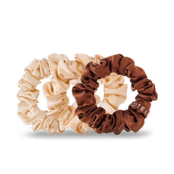 Set of three TELETIES small silk scrunchies in Athens Tortoise and blush colors, stylish hair accessories for gentle hold.