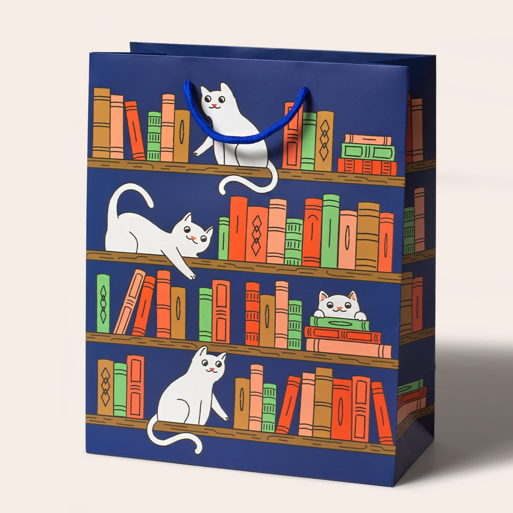 Blue Bookshelf Cats Large Gift Bag - Freshie & Zero Studio Shop