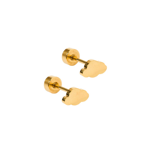 Gold cloud-shaped flatback waterproof stud earrings by Linny Co, featuring a shiny, smooth cloud design for everyday wear.