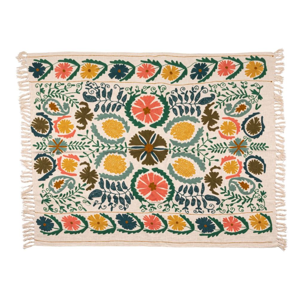 Floral Embroidered Cotton Slub Tasseled Throw Blanket - Freshie & Zero Studio Shop