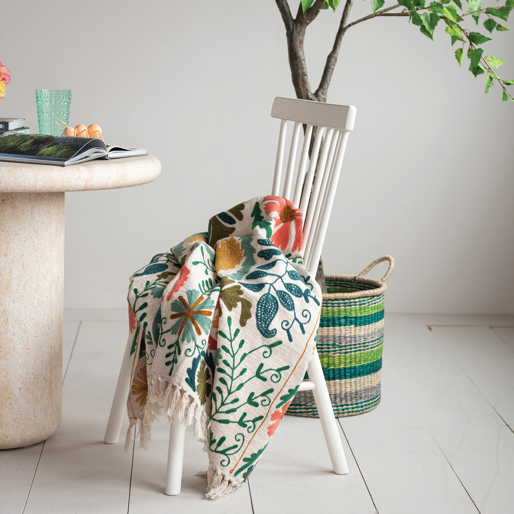 Floral Embroidered Cotton Slub Tasseled Throw Blanket - Freshie & Zero Studio Shop