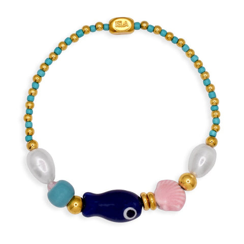 Mediterranean stretch bracelet by ISLA in gold with blue and pink beads, stylish jewelry by Stia Couture.