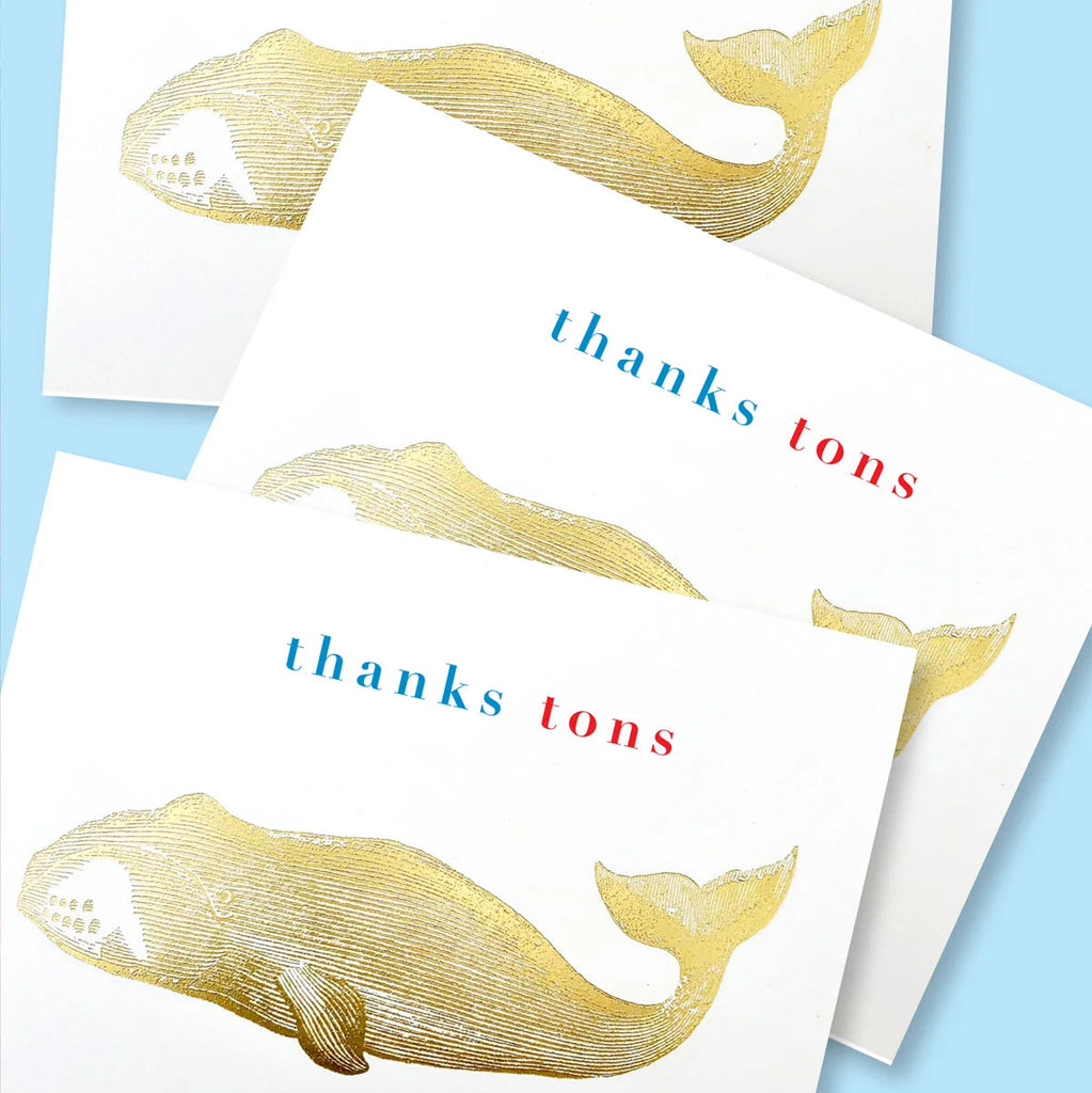 Set of 8 whale-themed thank you greeting cards by J Falkner featuring elegant gold accents on white cardstock.