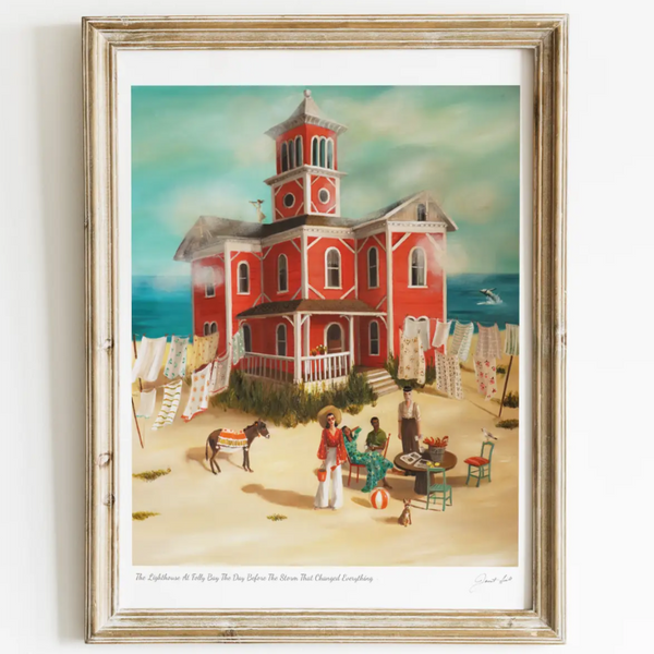 Framed artwork of a red lighthouse on a beach with people and a horse.