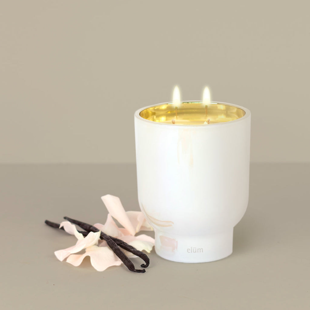 Elum Designs Toasted Vanilla 21 oz Maeve Glass Candle with vanilla-scented wax in a clear glass jar.