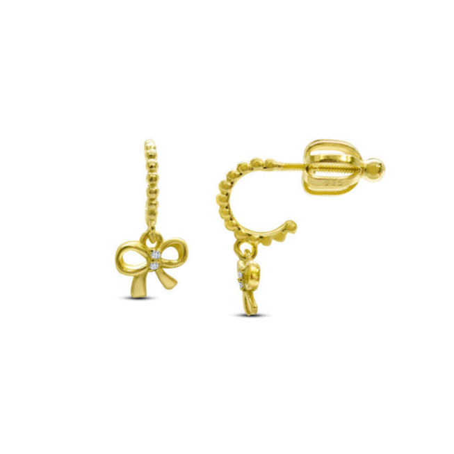 Tweens + Teens Earrings: Gold Half Hoop Bow Drop - Freshie & Zero Studio Shop
