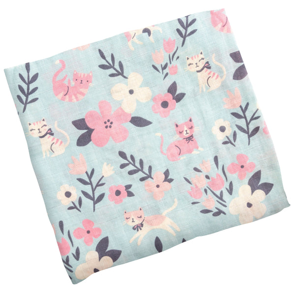 Cotton Muslin Baby Blanket - Floral Cat - Freshie & Zero Studio Shop