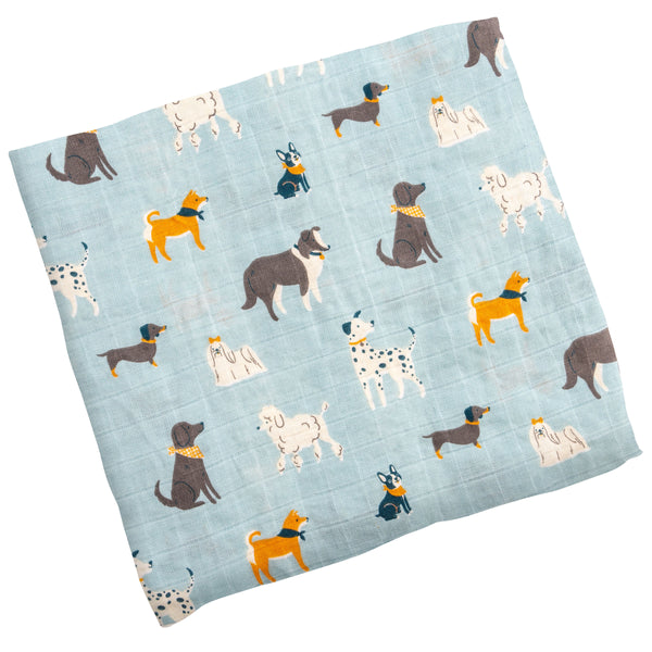 Cotton Muslin Baby Blanket - Dogs on Blue - Freshie & Zero Studio Shop