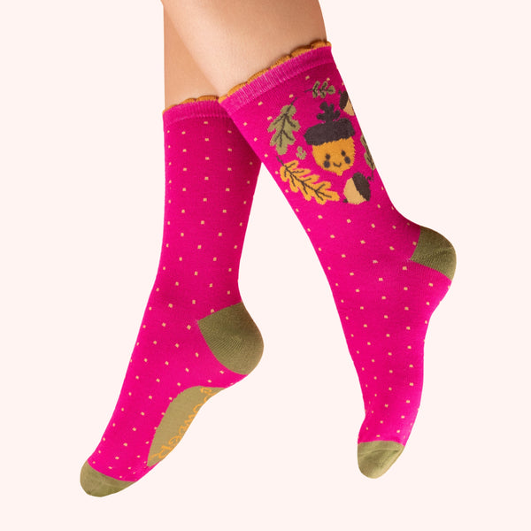 Ladies' Socks - Happy Acorn, Fuschia - Freshie & Zero Studio Shop