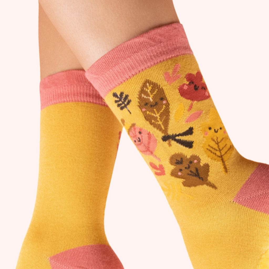 Ladies' Socks - Happy Leaves, Mustard Yellow - Freshie & Zero Studio Shop