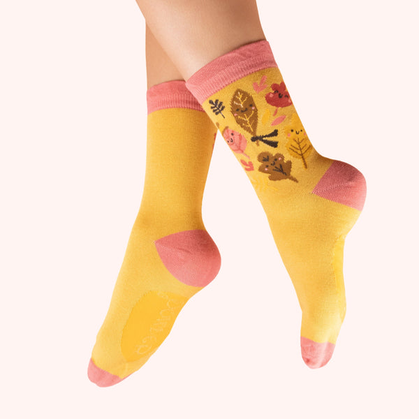 Ladies' Socks - Happy Leaves, Custard - Freshie & Zero Studio Shop