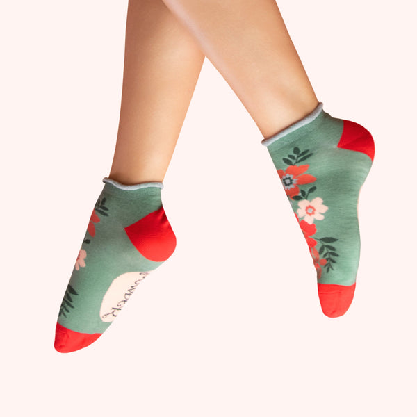 Ladies' Ankle Socks - Floral Spray, Olive - Freshie & Zero Studio Shop