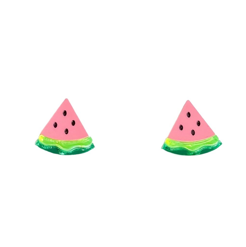 Watermelon slice earrings on a white surface